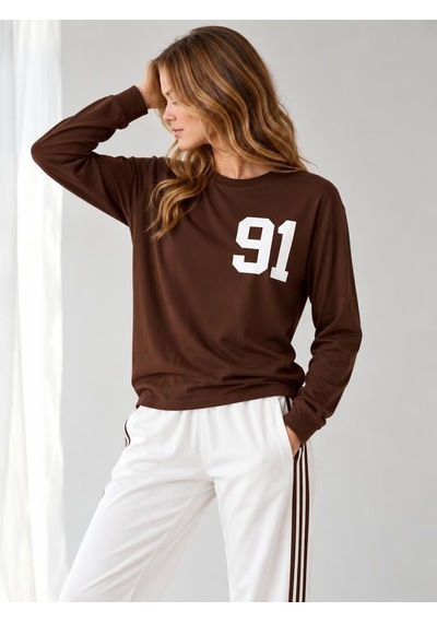 Nealirsanall.com Kadın "91" Baskılı Uzun Kollu İnce Sweatshirt / Body Kahverengi