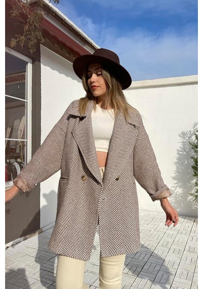 Perry Oversize Kruvaze Kaban-camel-balık Sırtı Desen