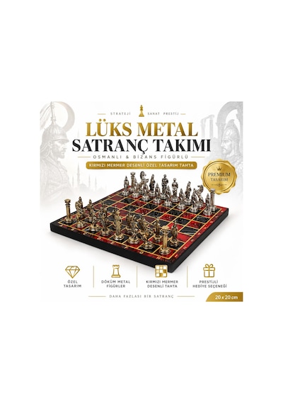 Lüks Metal Satranç Takımı Osmanlı Bizans Figürlü Krom Kırmızı Mermer Desenli 20 X 20 Premium Hediye