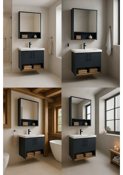 Dmz Home Concept Legna 65 Cm Banyo Dolabı Takımı Antrasit & Ahşap Mdf Seramik Lavabolu Alt Ve Üst Dolaplı