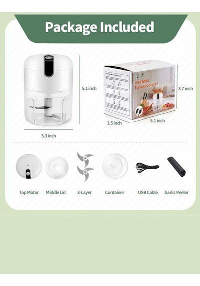 2'li Şarjlı Mini El Rondosu Çelik 3 Bıçaklı 250 Ml Mutfak Robotu Hazneli Sebze Et Doğrayıcı Rende