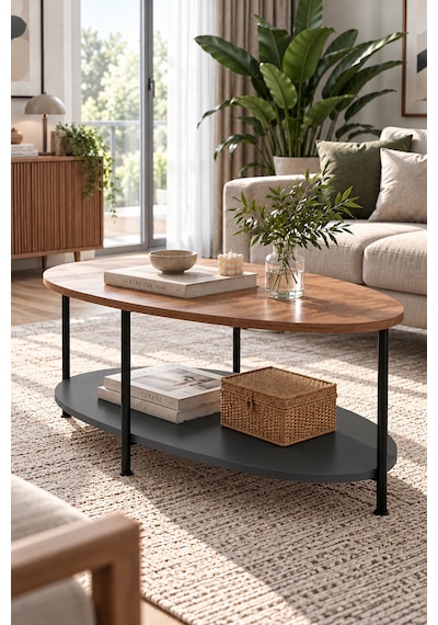 Oval Orta Sehpa 90 Cm İki Katlı Raflı Metal Ayaklı Modern Dekoratif Salon Sehpası Çam - Antrasit Oval Orta Sehpa 90 Cm İki Katlı Raflı Metal Ayaklı Modern Dekoratif Salon Sehpası Çam - Antrasit