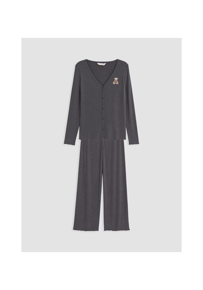 Lcw Dream Gri V Yaka Nakışlı Kadın Pijama Takım