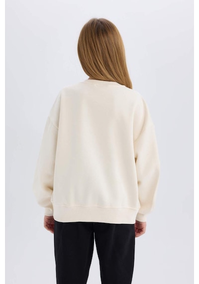 DeFacto Kız Çocuk Oversize Geniş Kalıp Bisiklet Yaka Baskılı Sweatshirt D5452A824WNER233 Ekru