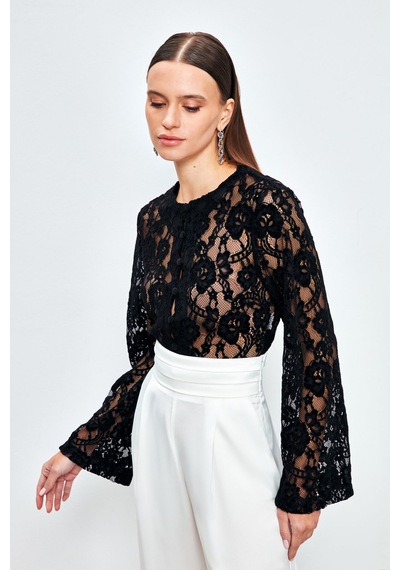 Sateen Dantelli Crop Bluz - Siyah