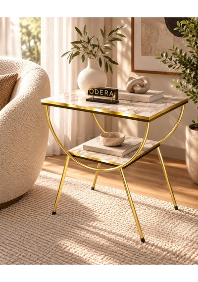 Odera Çift Efes Beyaz Mermer Desenli Çift Raflı Yan Sehpa Komodin Metal Ayaklı Retro Modern Sehpa Diğer