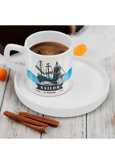 Bk Gift Kişiye Özel Sunum Tabaklı Denizci Tasarımlı Kahve Fincanı-4, Sevgiliye Hediye, Arkadaşa Hediye, Denizciye Hediye Kobitmeyen137804 Bk Gift