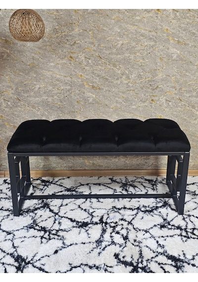 Zafir Siyah Boyalı İçi Kareli Diktörtgen 100 Cm X 40 Cm Oturak Puf - Bench - Makyaj Oturağı - Oturak Siyah