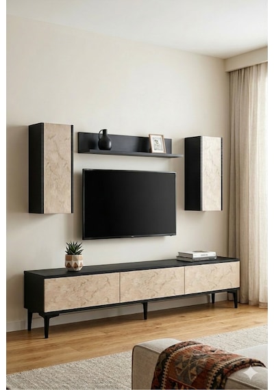 Tvr1899at - Aplos Tvr180 Tv Ünitesi Takım , Tv Sehpası Antrasit-traverten Kapak 180cm