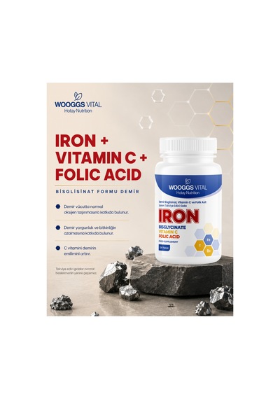 Demir Bisglisinat 14 Mg, C Vitamini 50 Mg Ve Folik Asit 333 Mg 120 Tablet Takviye Edici Gıda