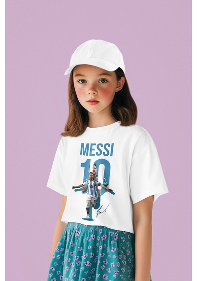 Sevbano Messi 10 Baskılı Unisex Futbolcu Çocuk Tişört 1-12 Yaş Beyaz