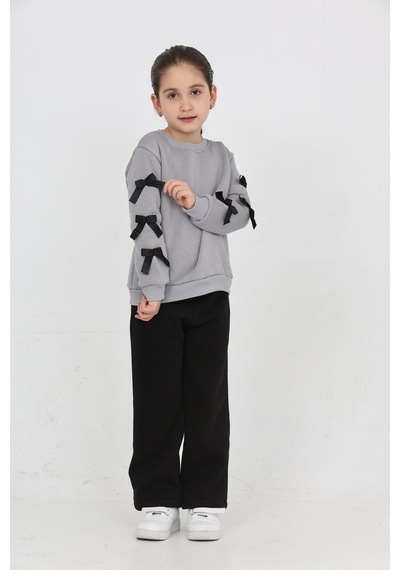 Erdem Kıds Kız Çocuk 3 İplik Şardonlu Kurdele Detaylı Basic Sweatshirt-bol Kesim Palazzo Eşofman Takım Gri-siyah Gri-siyah