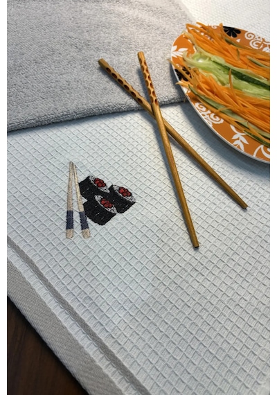 2 Li Mutfak Havlusu Seti - Açık Gri & Sushi Figürlü Kurulama Bezi - %100 Pamuk & 40x60 Cm Açık Gri