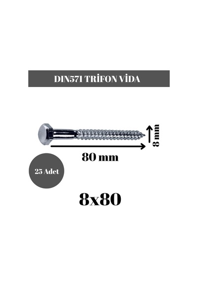 Trifon Vida 8x80 Mm Altı Köşe Anahtar Başlı Vida 25'li Paket 8 x 80 MM