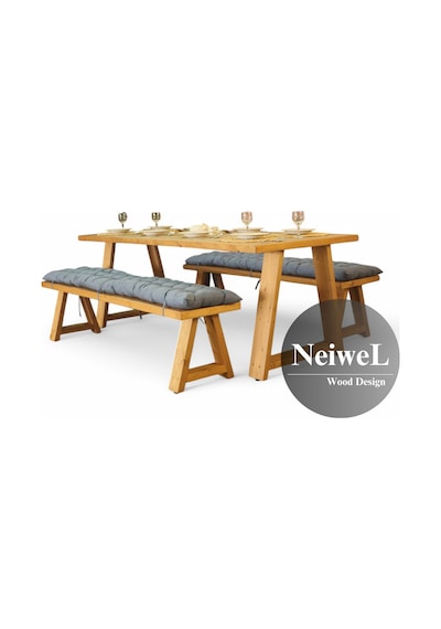 Neiwel Aries Doğal Ahşap Banklı Yemek Masası Takımı-100-220 Takım Açık Ceviz