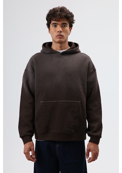 Vamos Oversize Nakış Detaylı Hoodie Kahve