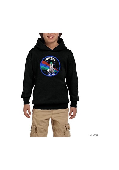 Zepplin Giyim Nasa Vintage Logo Siyah Çocuk Kapşonlu Sweatshirt