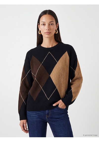 LC Waikiki Lc Waıkıkı Siyah Baklava Desenli Oversize Kadın Triko Kazak