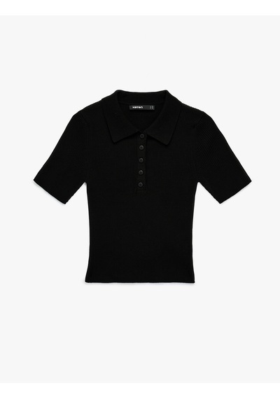 Koton Regular Fit Yarım Düğmeli Kısa Kollu Polo Yaka Triko Kazak Siyah 6wak90338ht Siyah