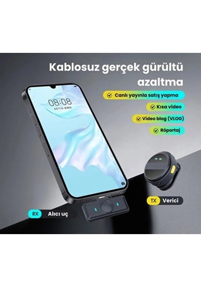 Exenar - Siyah - Kablosuz İkili Yaka Mikrofonu Type C Canlı Yayın Video Mikrofonu Dijital Ekranlı 2.4ghz Type-c