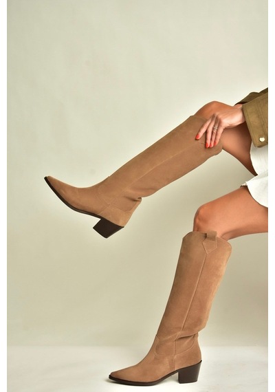 Fox Shoes Z654182361 Vizon Hakiki Deri Süet Kalın Topuklu Kovboy Model Kadın Çizme