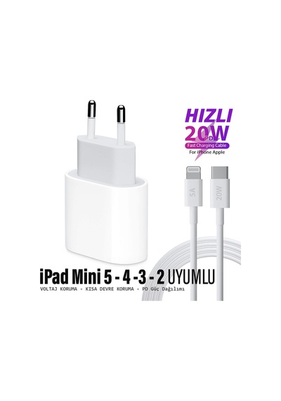 Apple Uyumlu iPad  Mini 5 Mini 4 Mini 3 - 2 Tablet 20w Hızlı Şarj Aleti Adaptörü 20w Ligtning Şarj Kablosu