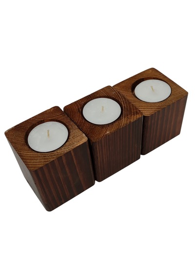 Doğal Ahşap Dekoratif Küp Mumluk 6 X 6 Cm 3 Lü Set Mum Dahil
