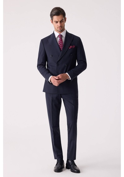 Erkek Lacivert Çizgili Slim Fit Kruvaze Takım Elbise