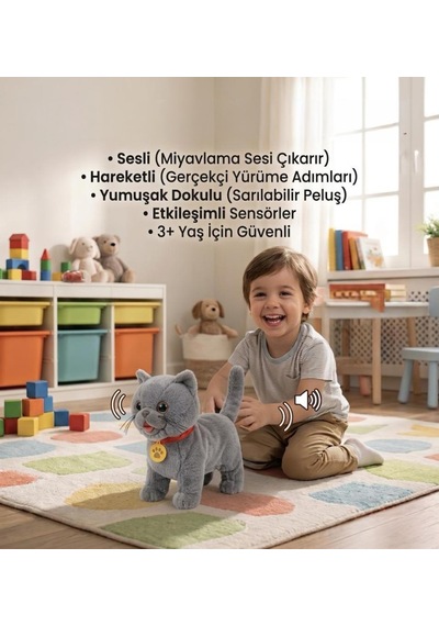 Sevimli Kedi Uzaktan Kumandalı Sesli Miyavlıyan Dil Çıkaran 5 Fonksiyonlu Oyuncak Peluş Hayvan Çok Renkli