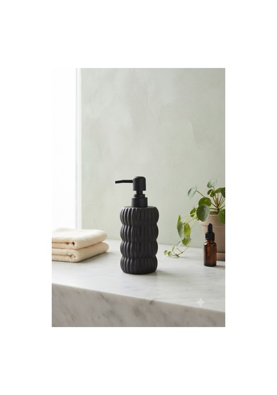 Dalgalı Seramik Mat Siyah Pompalı Sıvı Sabunluk - 400 Ml - 18 X 8 X 7 Cm