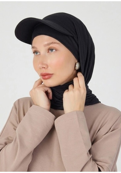 Butikgiz Kadın Siperlikli Boyun Kapatıcı Spor Rahat %100 Pamuklu Penye Tesettür Bone Siyah