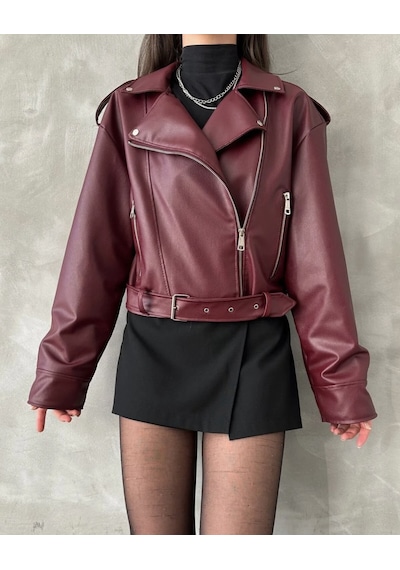 Prifaldi Suni Deri Crop Bıker Ceket Bordo