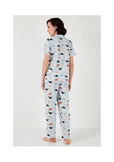 Lela Desenli Kısa Kollu Beli Lastikli Gömlek Yaka Dokuma Regular Fit Bayan Pijama Takımı 6571010 Mint