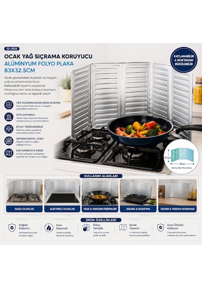 Go İthalat Ocak Yağ Sıçrama Koruyucu Alüminyum Folyo Plaka 84x32.5cm Gümüş