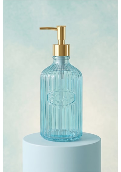Glassy Dekoratif Cam Sabunluk Gold Pompalı Vintage Çizgili Sıvı Sabun Ve Deterjan Dispenseri - 21.5 Cm X 8 Cm - Turkuaz