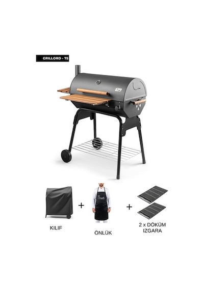 Grillord 75 Kömürlü Barbekü 2 Adet Döküm Izgaralı + Hediye Seti Önlük + Kılıf