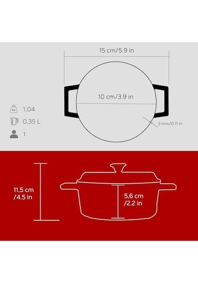 Metal Döküm Mini Tencere, 10 Cm, 0.35 L Hacim, Kırmızı