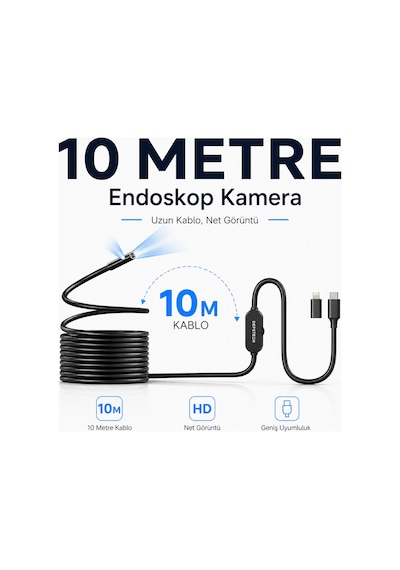 Uninet iPhone Uyumlu Ve Android Uyumlu 2 Kameralı 10 Metre Kablolu Endoskop Yılan Kamera