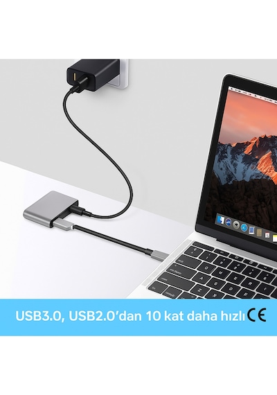 Usb-c 4 Ü 1 Arada 4k Hdmı + Vga + Usb 3.0 + Pd Hızlı Şarj Çoklayıcı Adaptör Gri