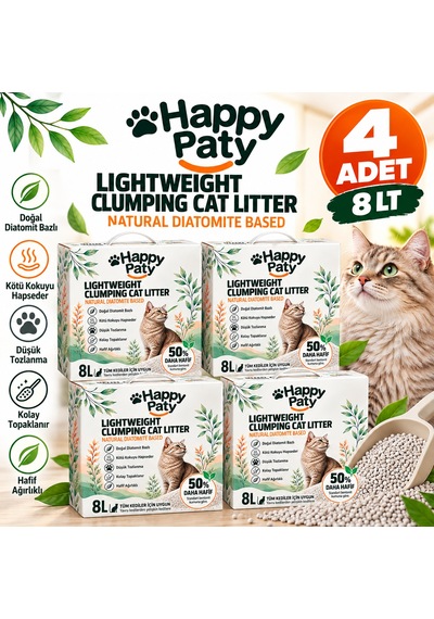 Happy Paty Lightweight Diatomit Kedi Kumu 8 Litre 4 Adet