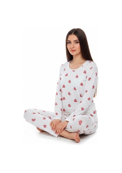 Bisiklet Yaka Süet Pijama Takımı 6004 Kırmızı Kalp Beyaz