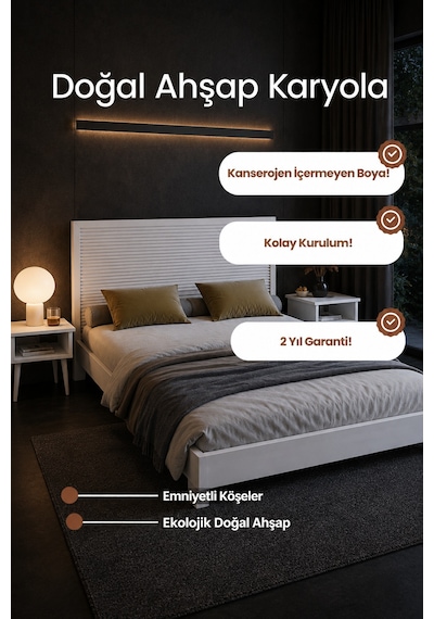 Renazzo Alaz Yatay Başlıklı Masif Ahşap Karyola Beyaz 120x200 Beyaz - 120 X 200