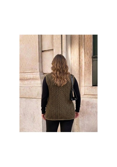 Onno Style Women Çelik Örgü Klasik Leopar Desen Triko Yelek Bej