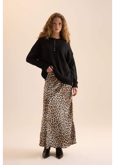 Defacto Straight Fit Normal Bel Leopar Desenli Saten Maxi Etek D6886axnser103 Ekru