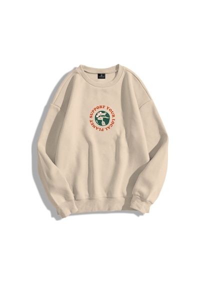 Hırsch Unisex Support Your Planet Bisiklet Yaka Sweatshirt Taş Gri