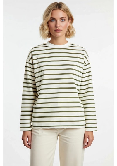 Benerly Kadın Bisiklet Yaka Düşük Kol Çizgili Örme Geniş Kesim Sweatshirt Haki