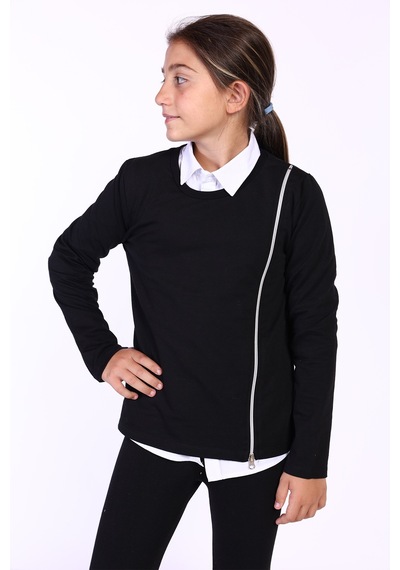 Toontoy Kız Çocuk Fermuar Detaylı Baskılı Sweatshirt Siyah