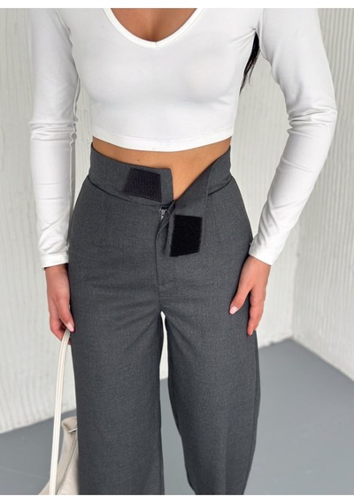 Gugus Kadın Cepsiz Dokuma Kumaş Pantolon Beli Cırtlı Bol Paça Wide Leg Model Füme