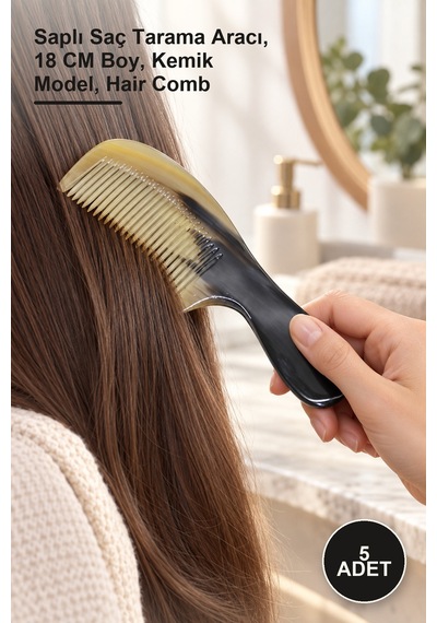 5 Adet Tutmalı Kemik Tarak Saplı Saç Tarama Aracı, 18 Cm Boy, Kemik Model, Hair Comb