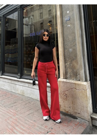 Out Of Standart Kadın Wide-leg Kalıp Beli Lastikli Kordon Detaylı Eşofman Altı Kırmızı